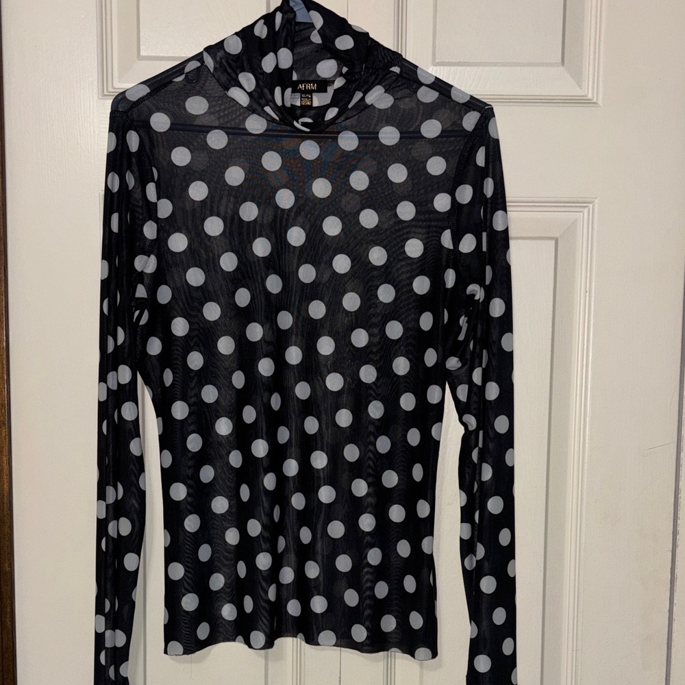 AFRM Black Long-Sleeve Mesh Top with White Polka Dots